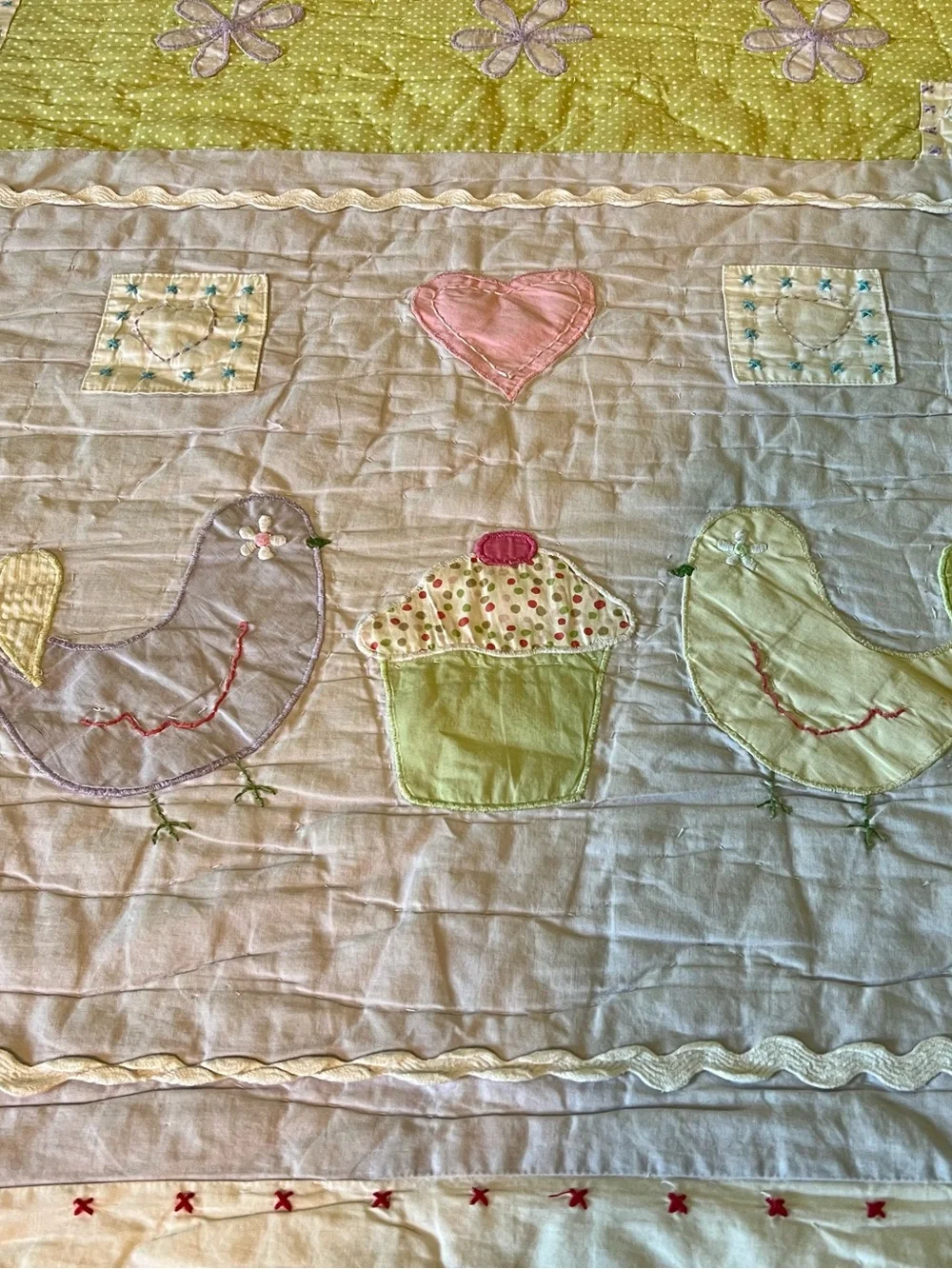 🧁Pottery Barn Kids Summer Birds Flowers Reversible Twin Quilt • Purple & Green